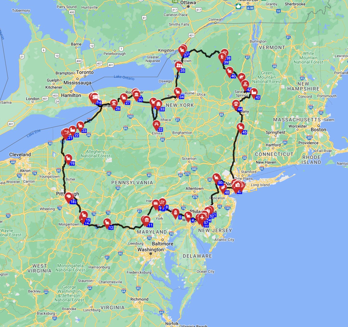 USA RV Trip from Philadelphia motorhome family trip route